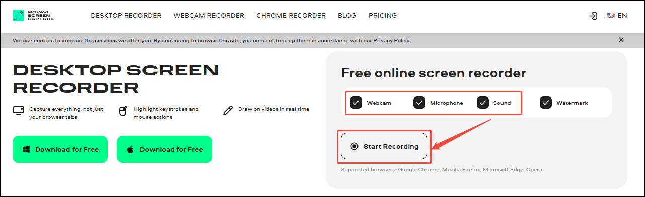 Movavi Screen Capture interface showing how to complete pre-recording settings.