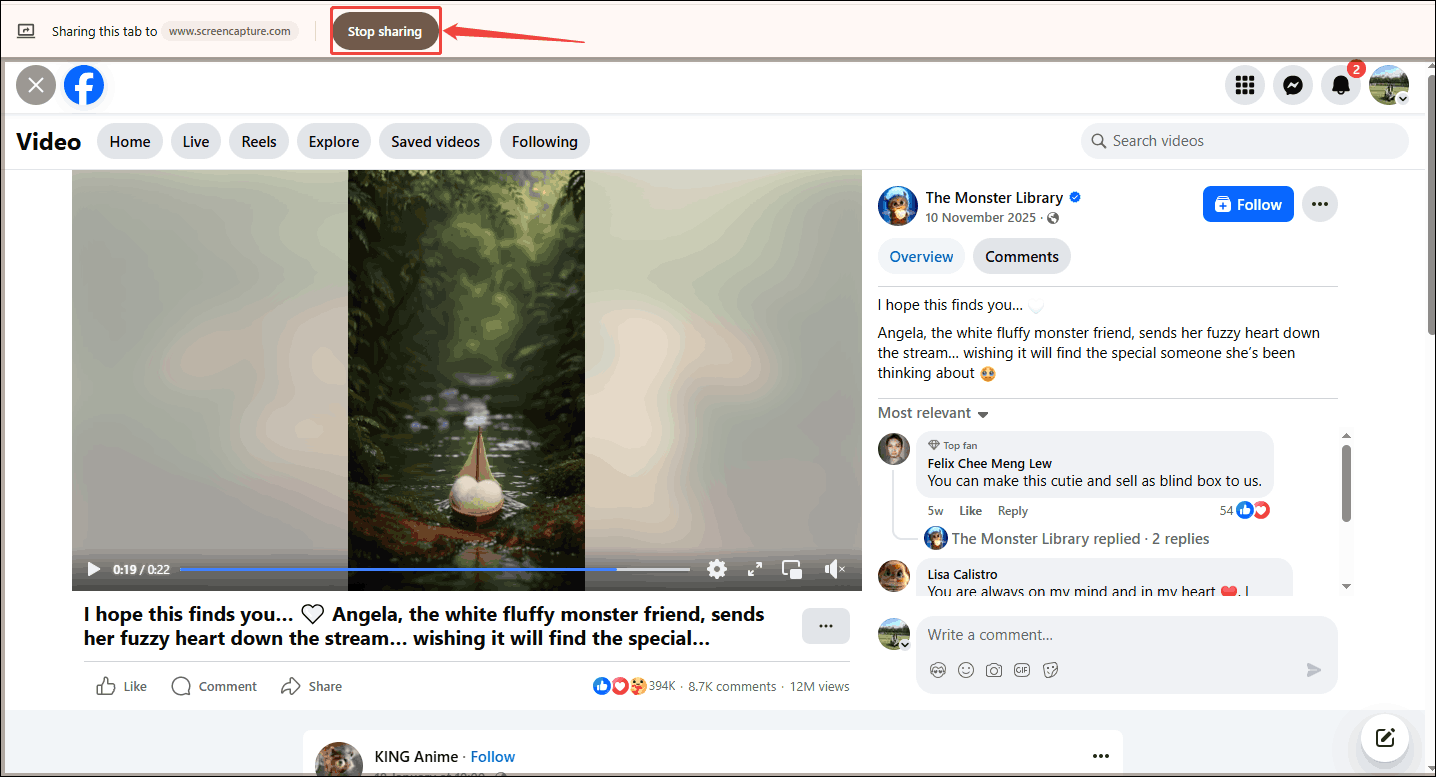 Facebook page with the Stop sharing option selected.