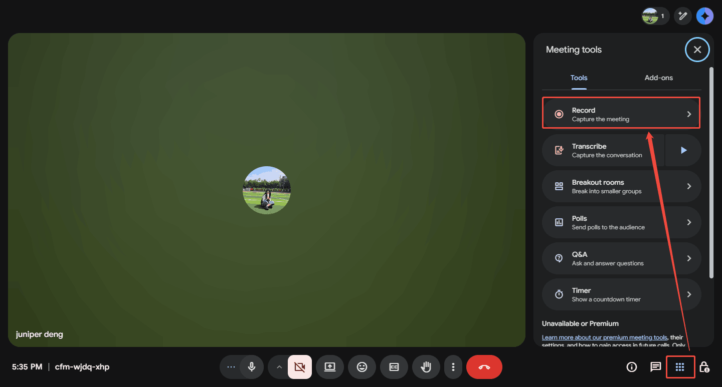 Google Meet interface with the Meeting tools option and the Record option selected.
