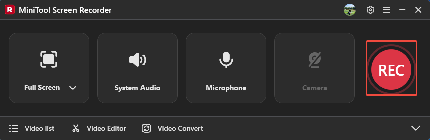 MiniTool Screen Recorder interface with the REC button selected.