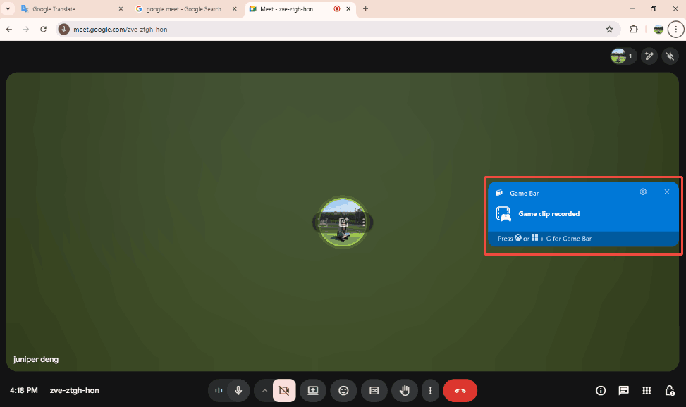 Google Meet page with the shear board of the recorded video selected.