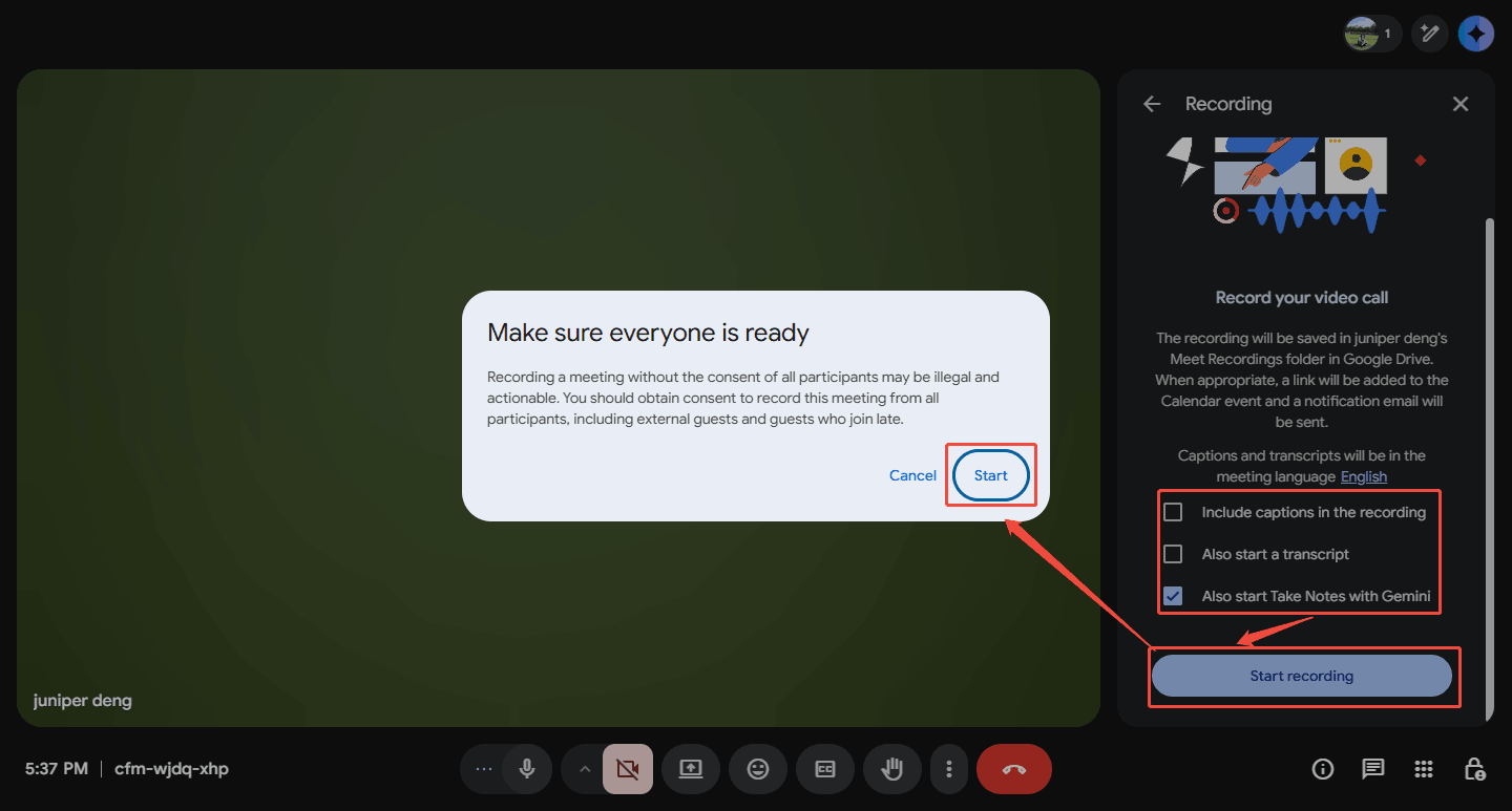 Google Meet interface showing how to start recording a meeting.