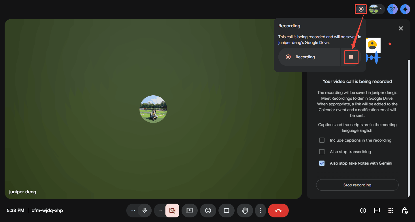 Google Meet interface with the Recording icon and the Stop recording button selected.