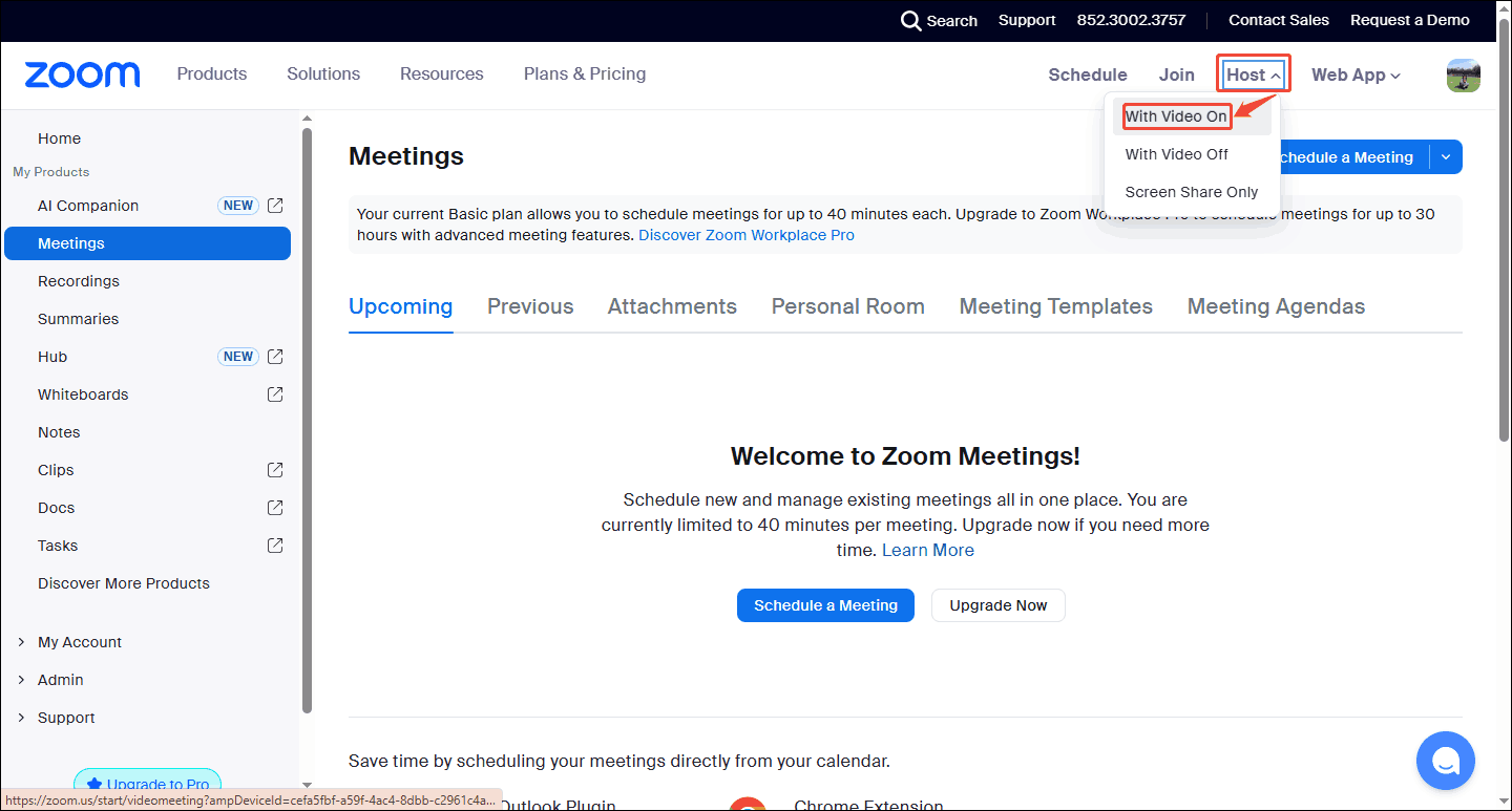 Zoom main interface with the Host option and the With Video on option selected.