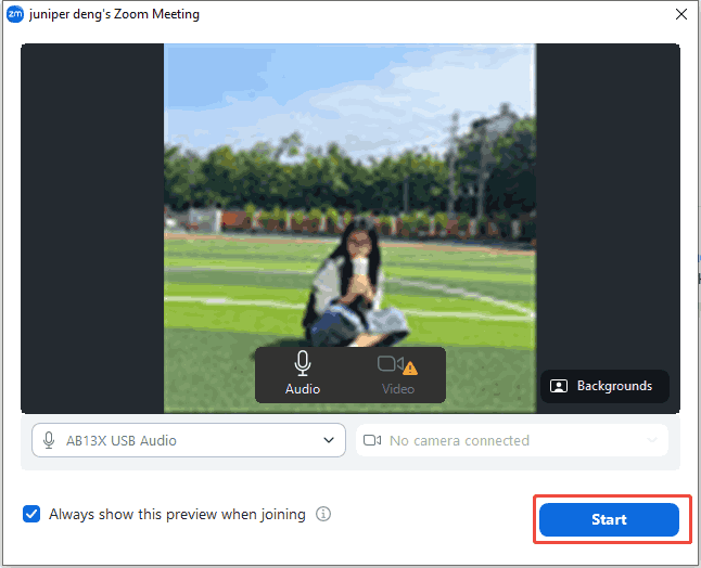 Zoom Meeting pop-up window with the Start button selected.