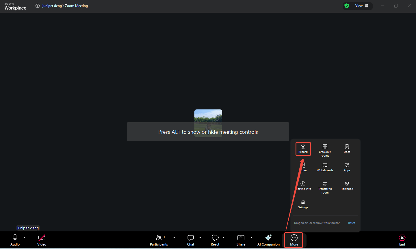Zoom Meeting interface with the More option and the Record option selected.
