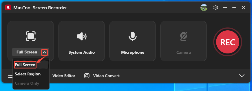 MiniTool Screen Recorder interface with the Full Screen option selected.