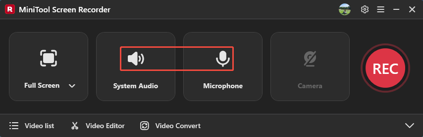 MiniTool Screen Recorder interface with the System Audio icon and the Microphone icon selected.