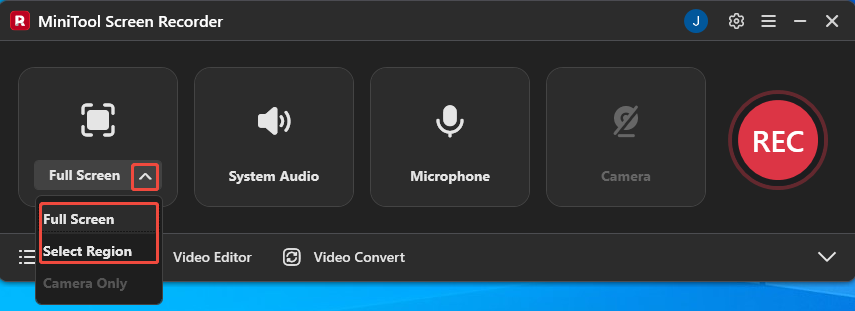 MiniTool Screen Recorder interface with the recording area selection expanded.
