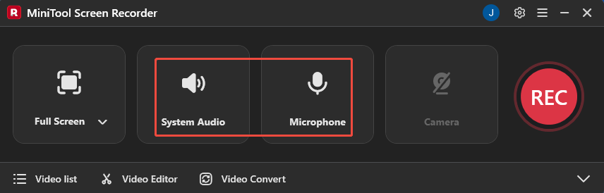 MiniTool Screen Recorder interface with the System Audio and Microphone icons selected.