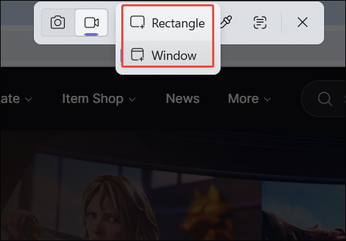 Snipping Tool interface with the recording area selection expanded.