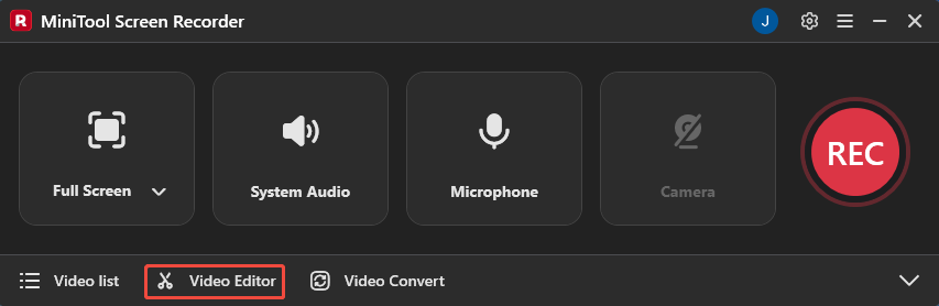 MiniTool Screen Recorder interface with the Video Editor option selected.