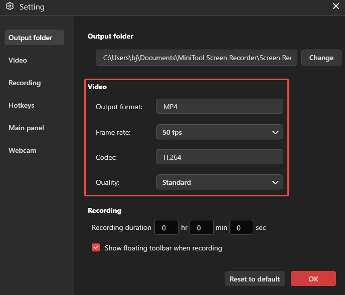 MiniTool Screen Recorder settings window with example settings for recoding imo calls.