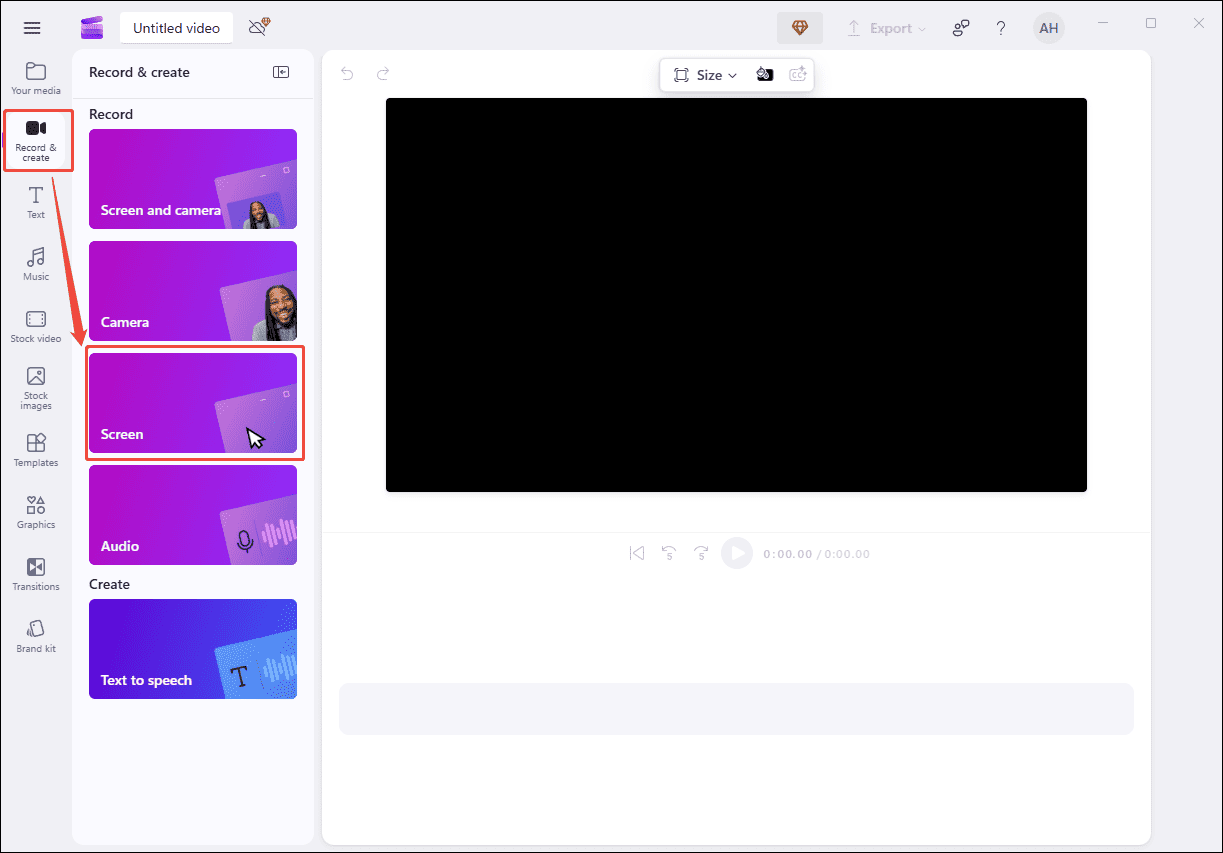 Microsoft Clipchamp interface with the selected Record and create menu and the expanded screen option.