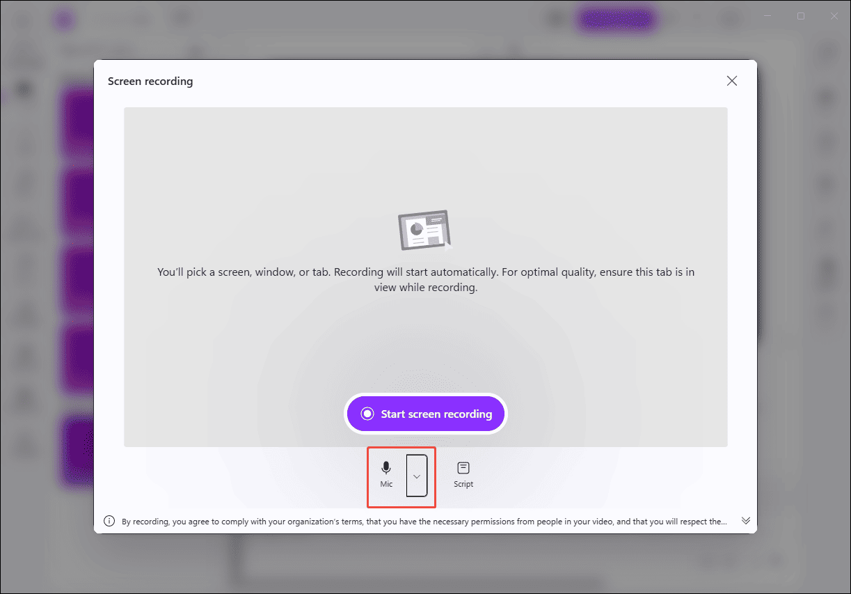 Microsoft Clipchamp interface showing the selected Mic icon.