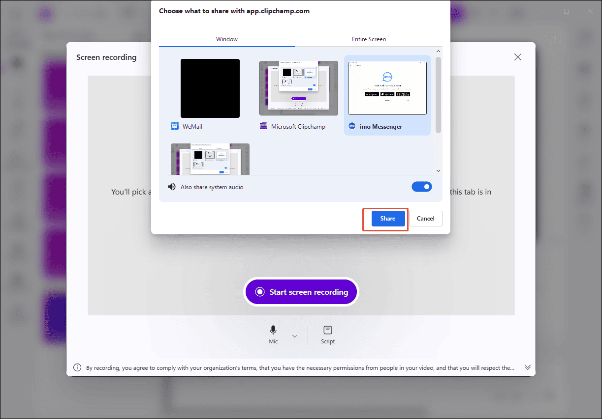 Microsoft Clipchamp interface showing the selected Share option.