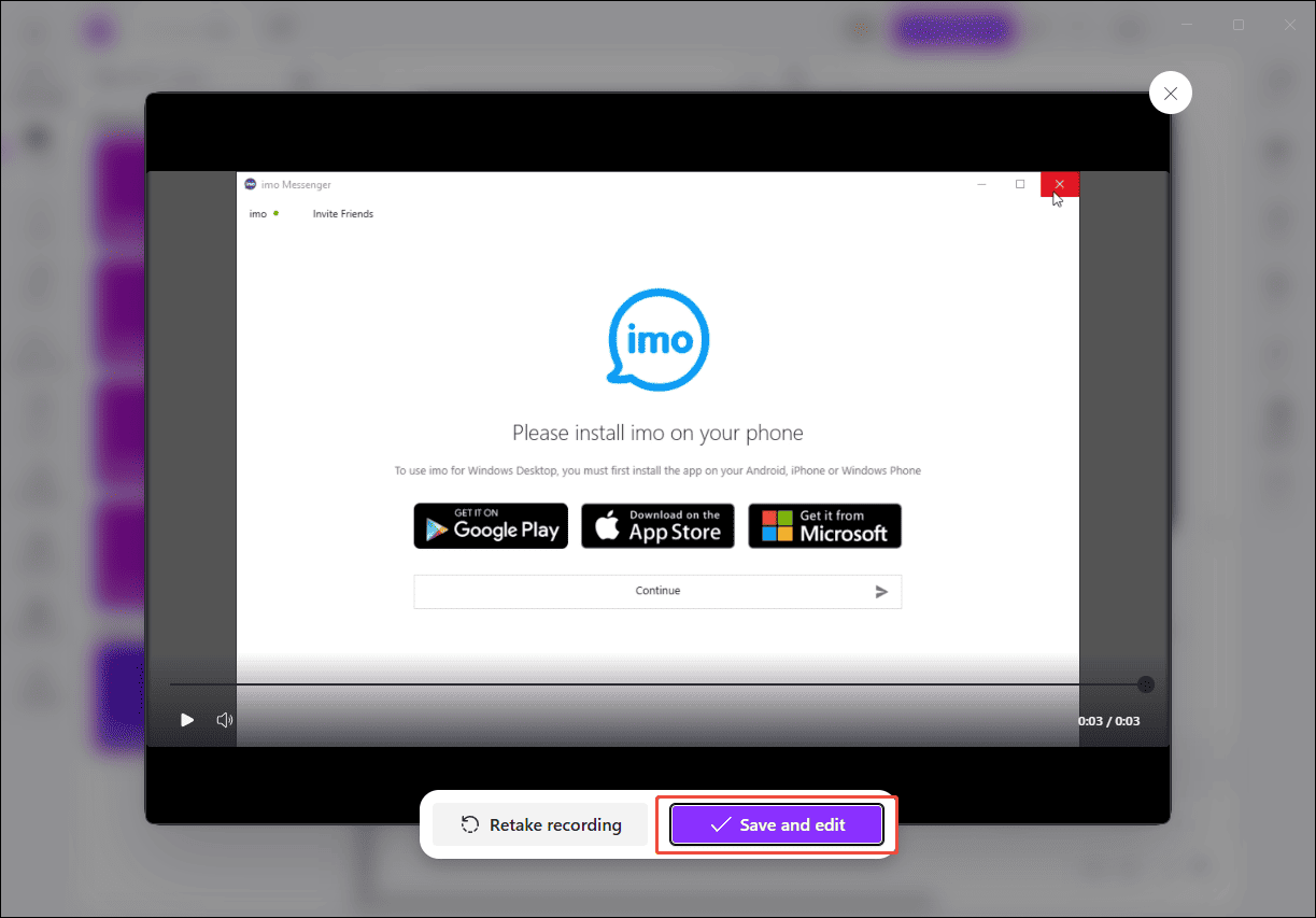 Microsoft Clipchamp interface showing the selected Save and edit option.
