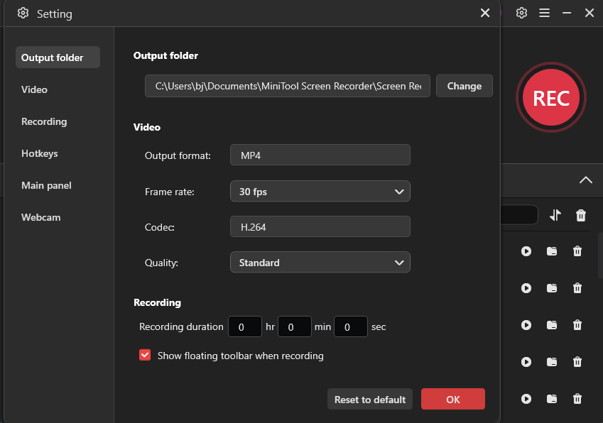MiniTool Screen Recorder settings window with example settings for recording Fubo shows.