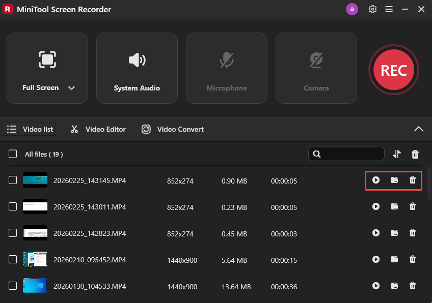 MiniTool Screen Recorder interface with the selected Play, Folder, and Delete icons.