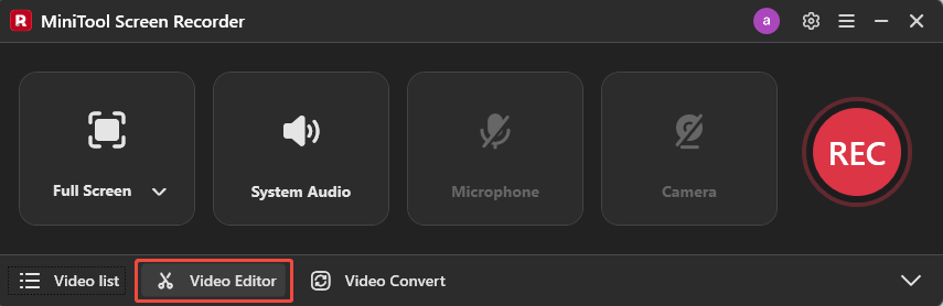 The selected Video Editor option in the MiniTool Screen Recorder interface.