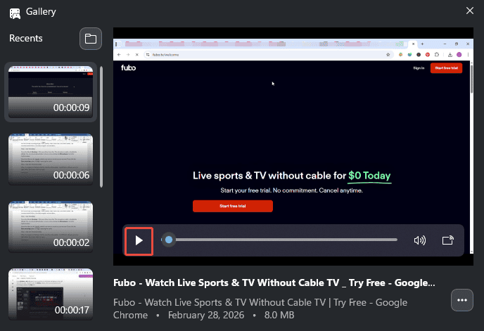The selected Play icon in the Gallery panel.
