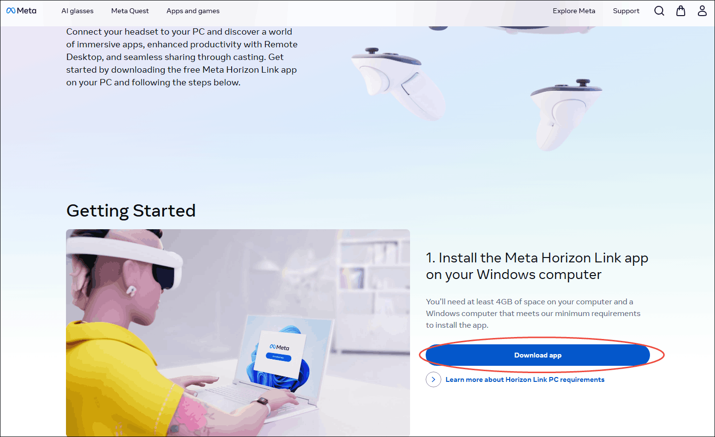 Google Chrome interface with the Download app option selected to download and install the Meta Horizon Link app.
