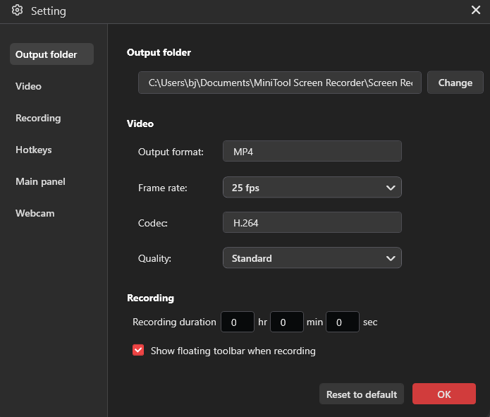 The Settings window of MiniTool Screen Recorder.