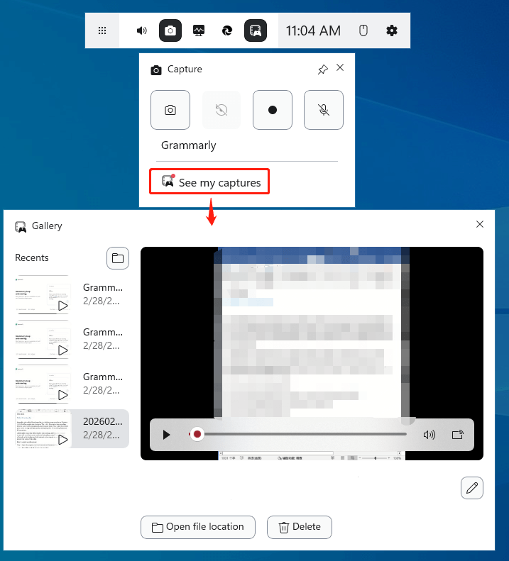 Game Bar interface showing how to see your recording.
