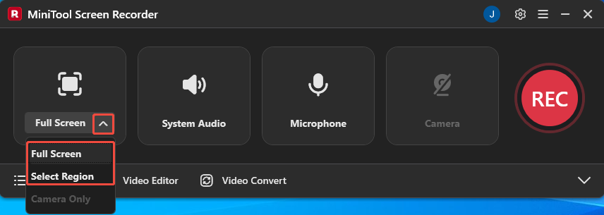MiniTool Screen Recorder interface with the recording area selection expanded.