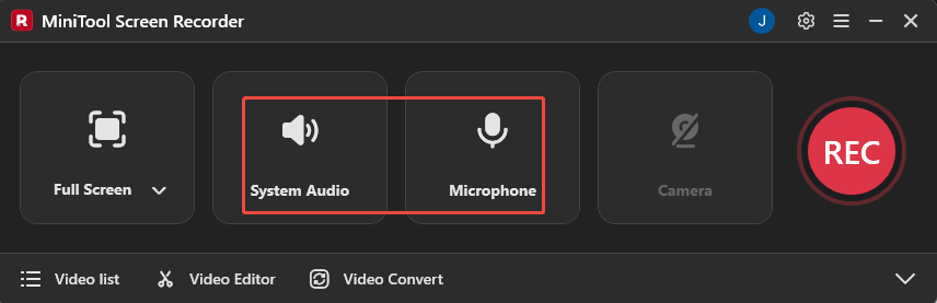 MiniTool Screen Recorder interface with the System Audio and Microphone icons selected.