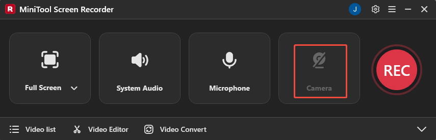 MiniTool Screen Recorder interface with the Camera icon selected.