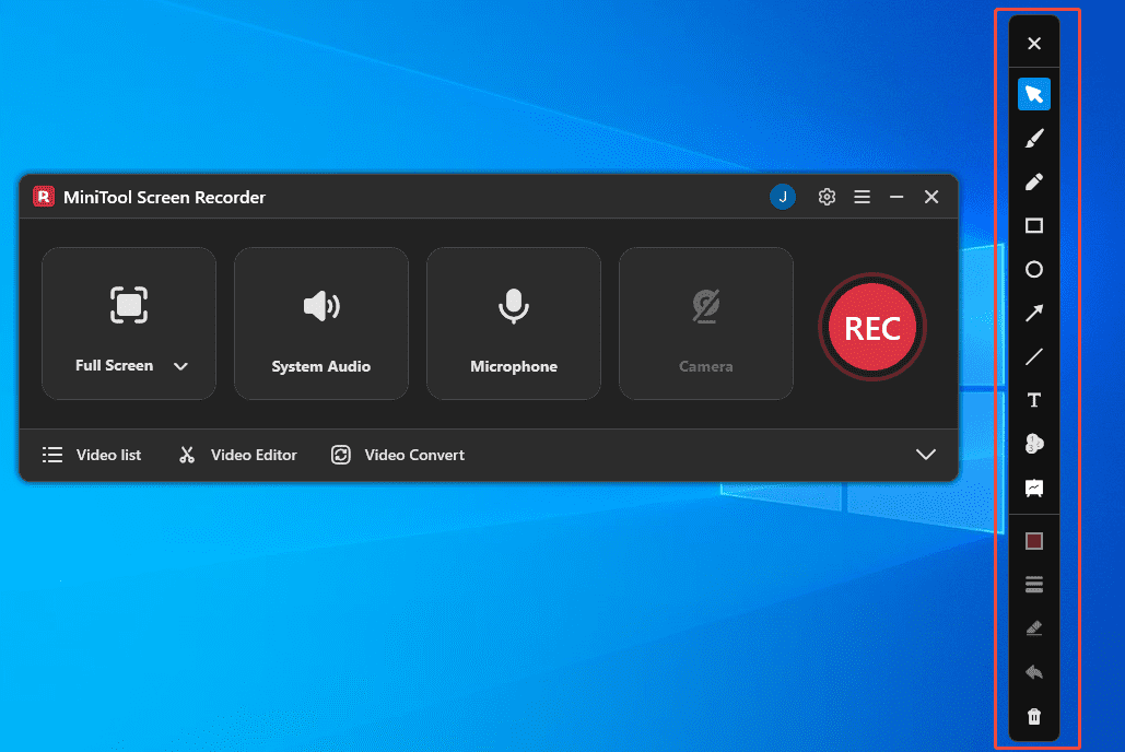 MiniTool Screen Recorder interface with the annotation toolbar selected.