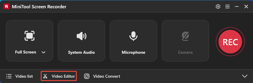 MiniTool Screen Recorder interface with the Video Editor option selected.