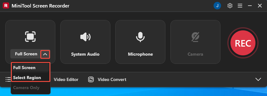 MiniTool Screen Recorder interface with the recording area selection expanded.