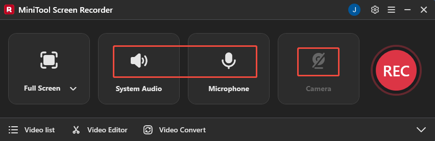 MiniTool Screen Recorder interface with the System Audio and Microphone and Camera icons selected.