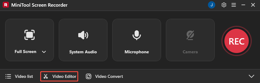 MiniTool Screen Recorder interface with the Video Editor option selected.