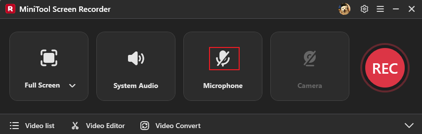 MiniTool Screen Recorder interface with the Microphone option selected to control the voice sound.