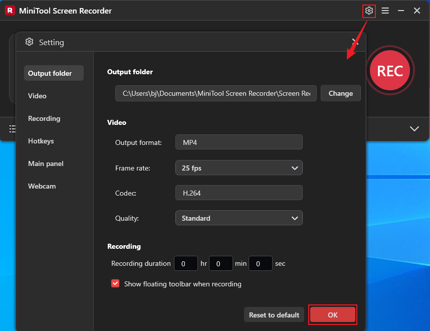 MiniTool Screen Recorder interface showing how to adjust the output parameters and with the OK button selected.