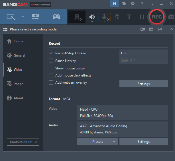 Bandicam’s main interface.