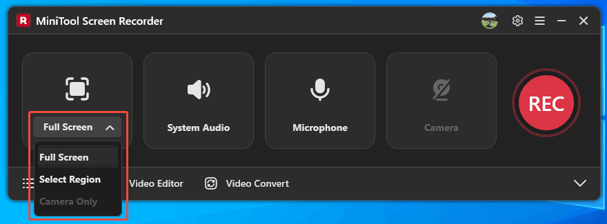 MiniTool Screen Recorder interface showing how to choose a screen recording type.