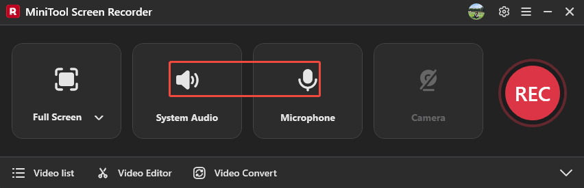 MiniTool Screen Recorder interface with the System Audio icon and the Microphone icon selected.