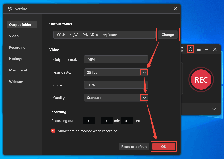 MiniTool Screen Recorder Setting window showing how to adjust settings for the recorded video.