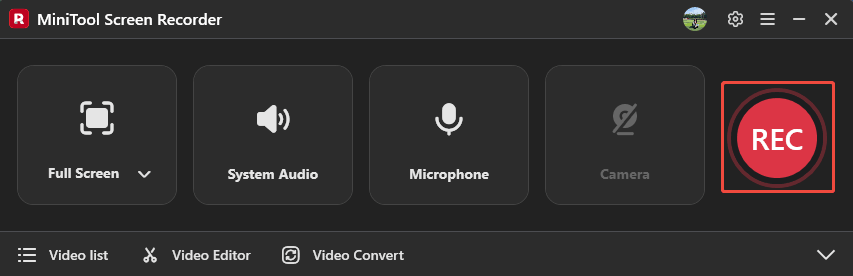 MiniTool Screen Recorder interface with the REC button selected.