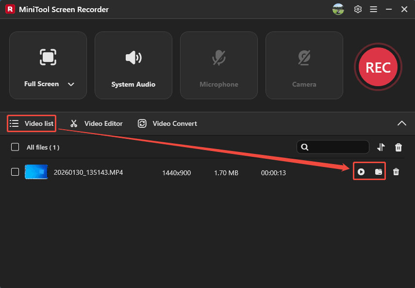 MiniTool Screen Recorder Video list tab with the Play icon and the Folder icon selected.