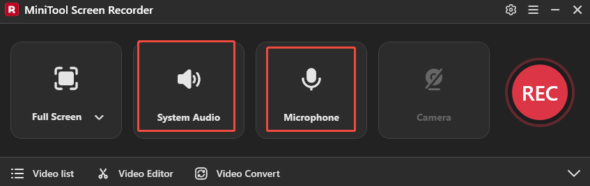 MiniTool Screen Recorder interface with the System Audio and Microphone options selected.