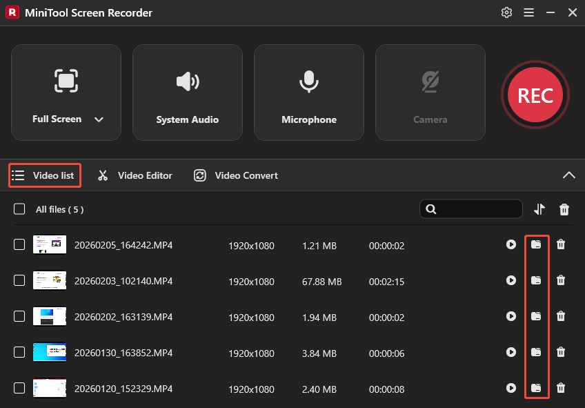 MiniTool Screen Recorder interface with the folder icons selected under the Video list section.