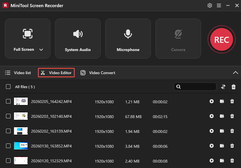 MiniTool Screen Recorder interface with the Video Editor option selected.