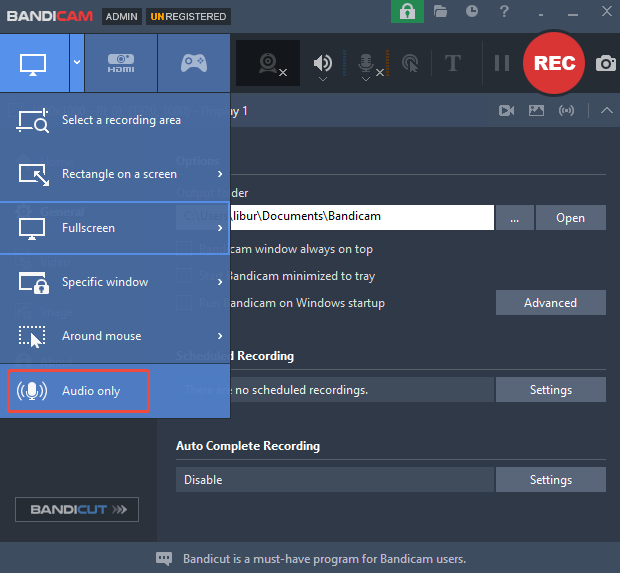 Bandicam interface with the Audio only option selected under the Fullscreen dropdown list.