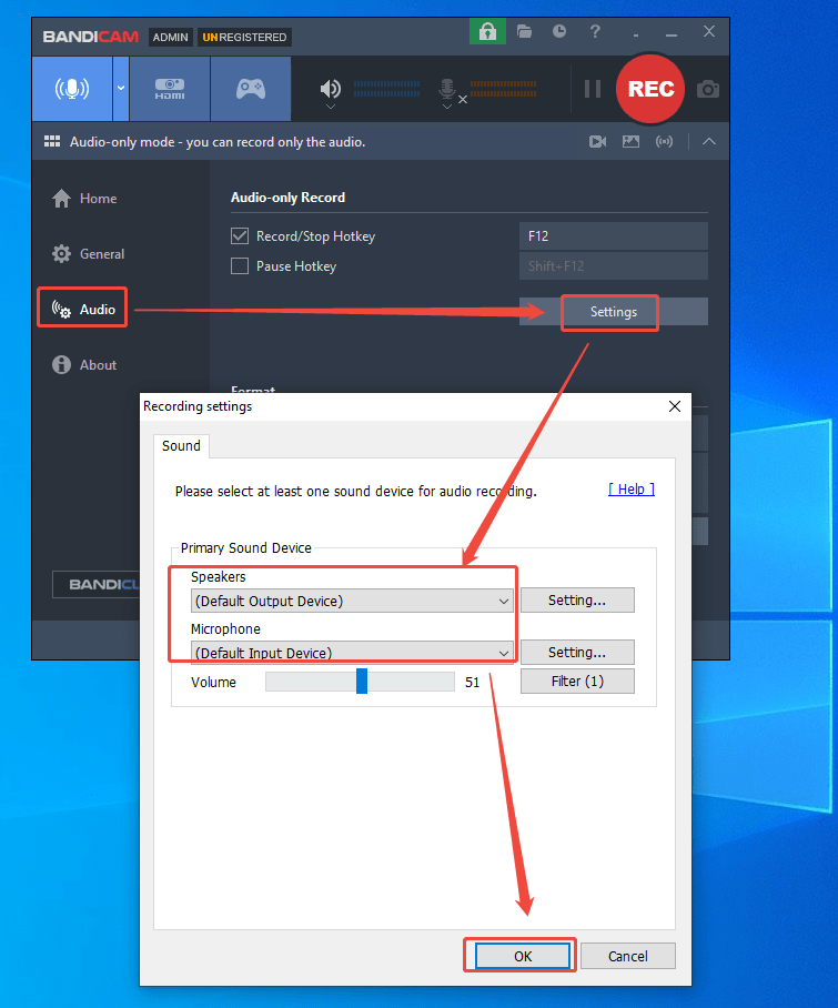 Bandicam interface showing how to open Recording settings and set the primary sound service.