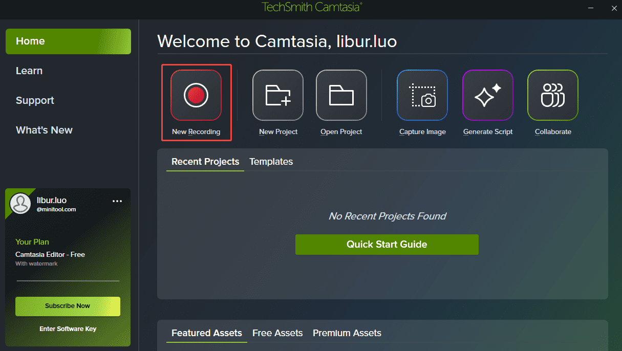 Camtasia Home interface with the New Recording option selected.